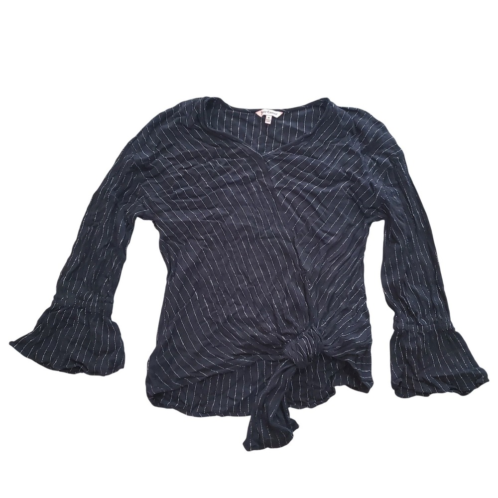 Juicy Couture Womens Black Silver Metallic Pinstripe Bell Sleeve Wrap Top Size M